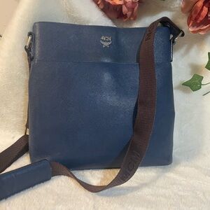 MCM Leather Saffiano Blue Crossbody Bag